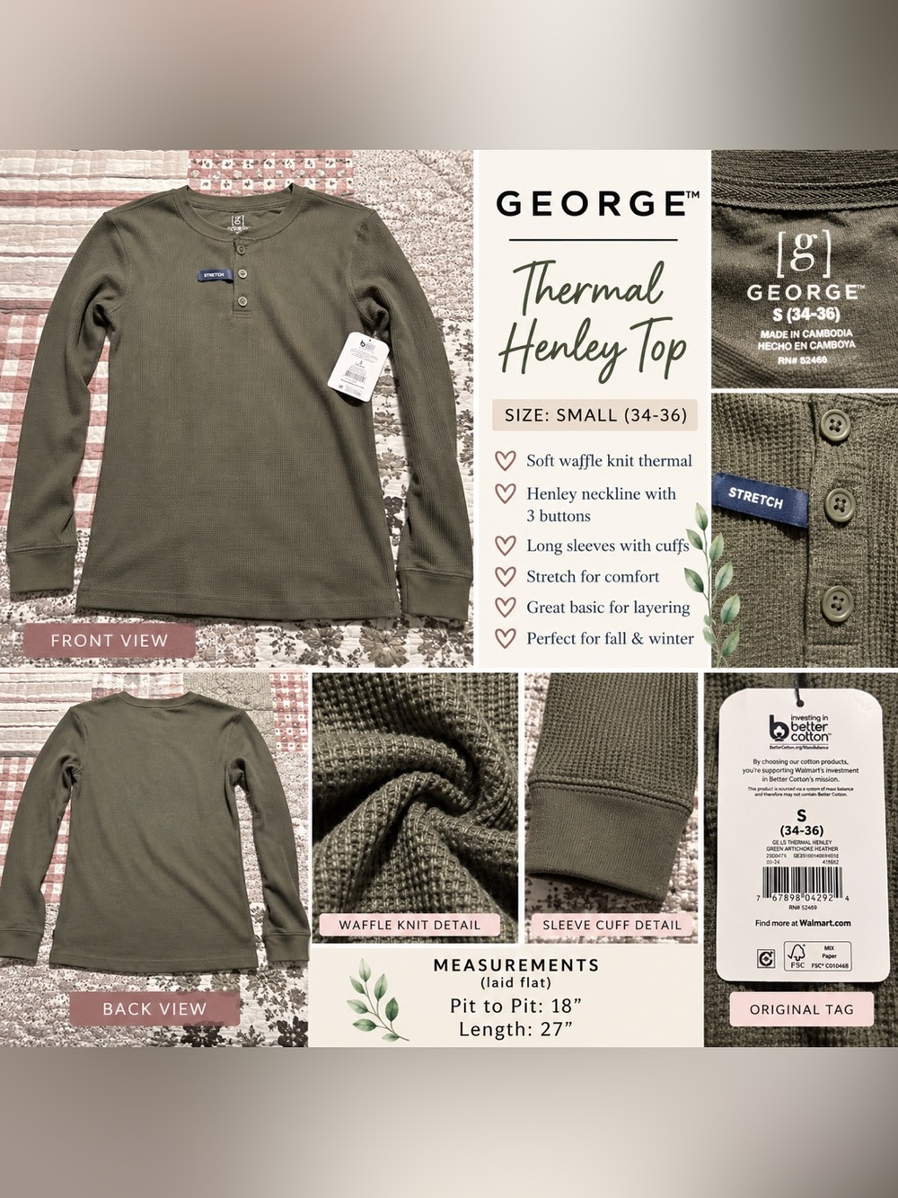 NWT George Men’s Thermal Henley Shirt Small Green Artichoke Waffle Knit